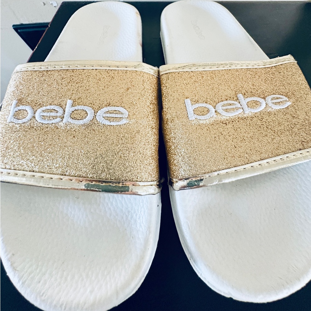 Bebe slip on sandals. Slides. Sparkle/ glitter   Gold/white. Youth